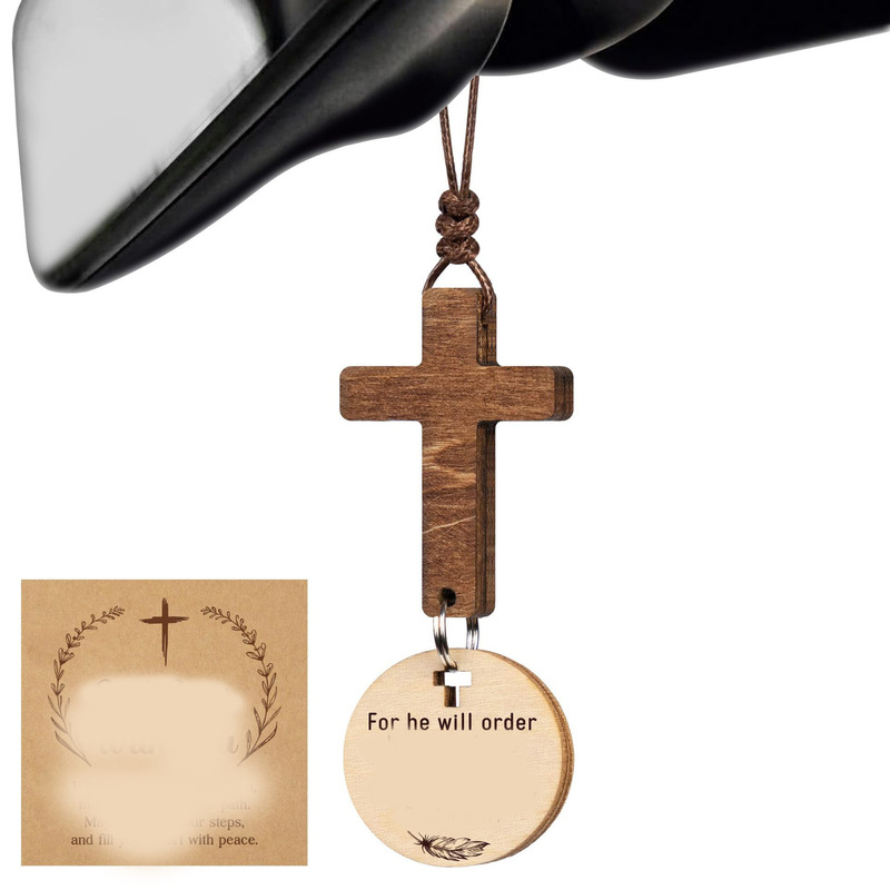 Wooden Car Hanging Ornament Round Plaque with Love Lettering, Walnut Color Rearview Mirror Pendant, Cross Wooden Plaque Letter Pendant