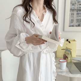 实拍 秋季新款女纯棉纱布浴袍开衫系带家居服带发圈