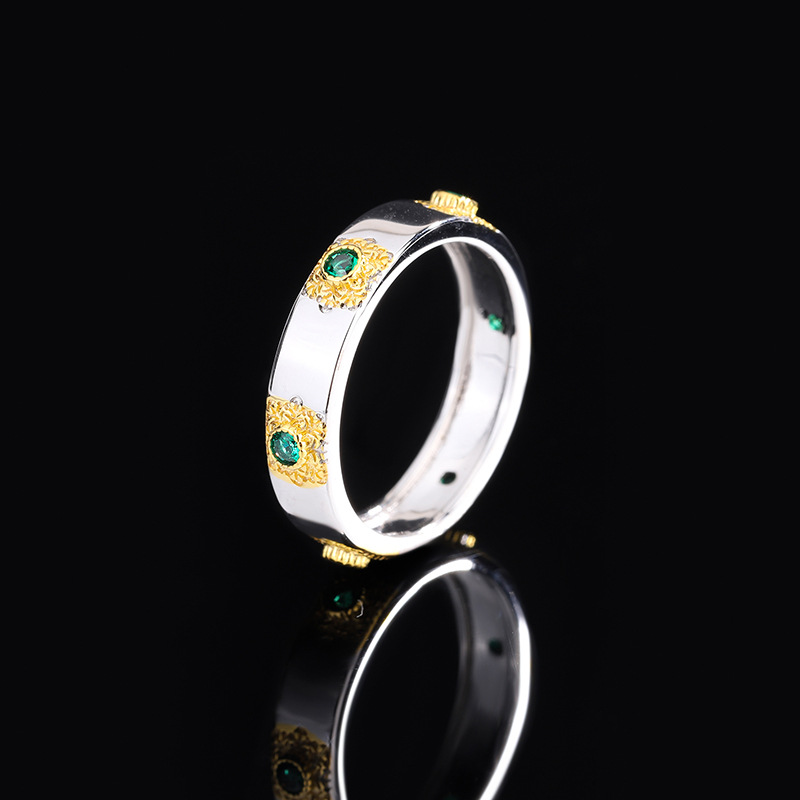 Zhuang Sheng joyería S925 plata simulación Esmeralda rojo corindón geométrico moda retro anillo de fila al por mayor