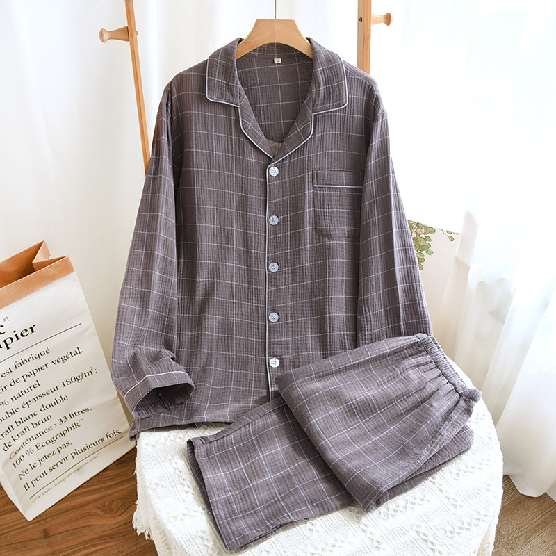 Men's double-layer crepe cotton plaid long-sleeved cardigan plus size home wear suit long-sleeved trousers loose
