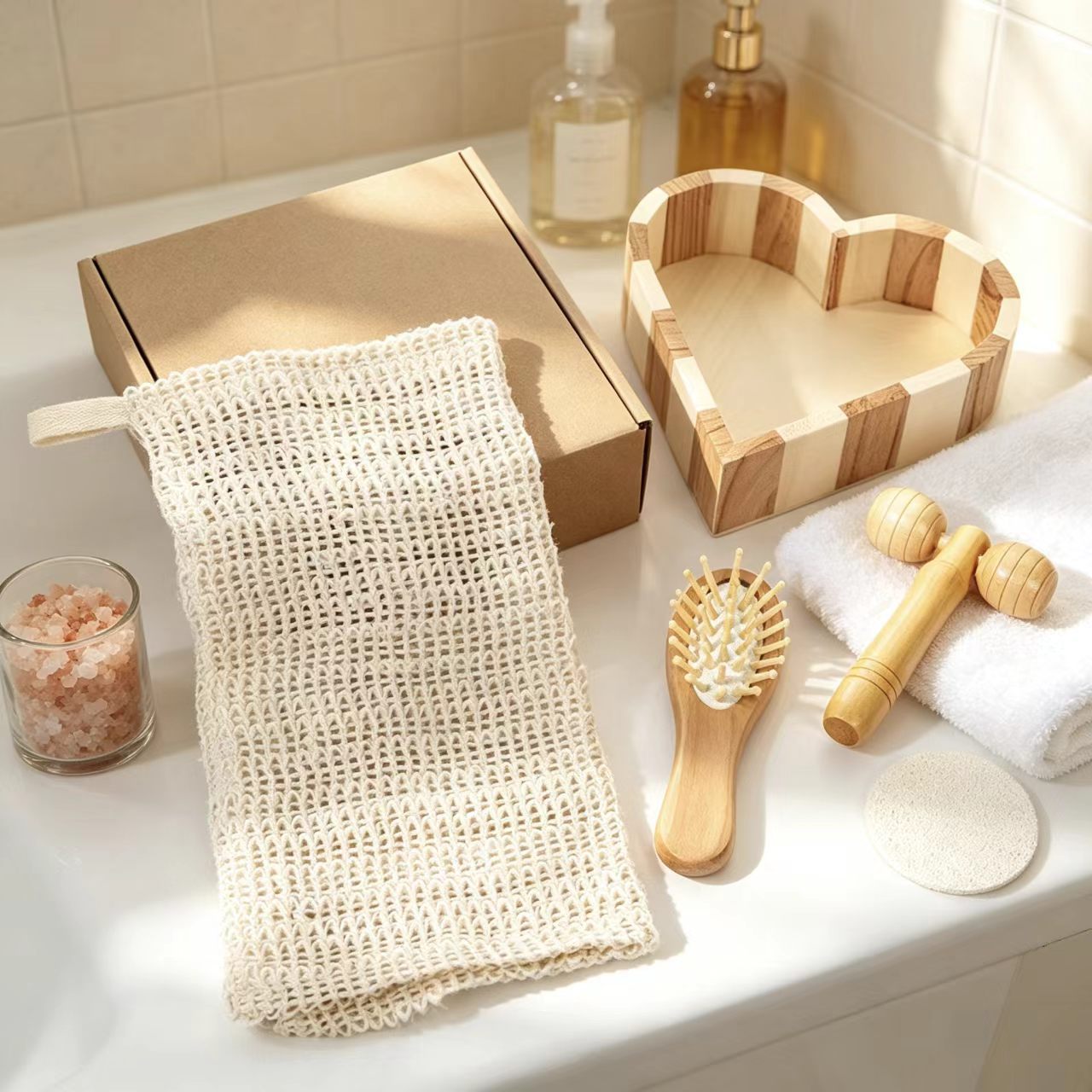 Set de Baño de Madera con Corazón de Madera de Masaje para Baño y Regalo