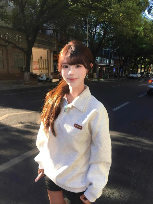 简约休闲POLO领长袖卫衣女春秋新款宽松显瘦美式复古白灰色上衣潮|undefined