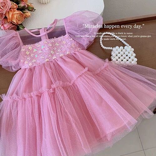 Girls' Dress Summer 2024 New Style Children's Mermaid Princess Puffy Tulle Princess Skirt Western Style Girls' Short Sleeve Dress