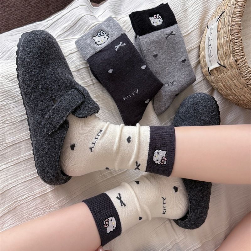 Hellokitty Popular Socks for Women, Autumn and Winter Mid-Calf Socks, Cotton Socks, Cartoon Cat Bow, Preppy Style Cute Socks