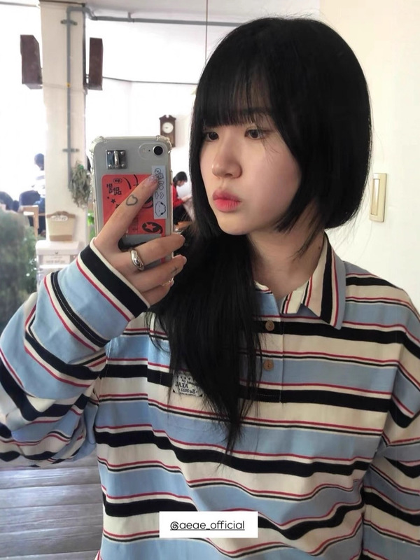 韩国小众潮牌25新款春秋aeae学院风条纹polo领长袖百搭T恤上衣女|undefined