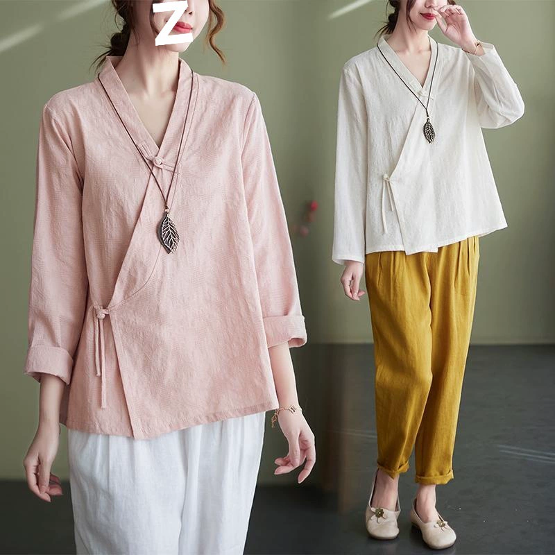 Весенне-осенняя художественная рубашка большого размера с косой планкой на пуговицах и длинными рукавами в китайском стиле, топ династии Хань, ретро-чайная одежда в стиле дзен, женская одежда