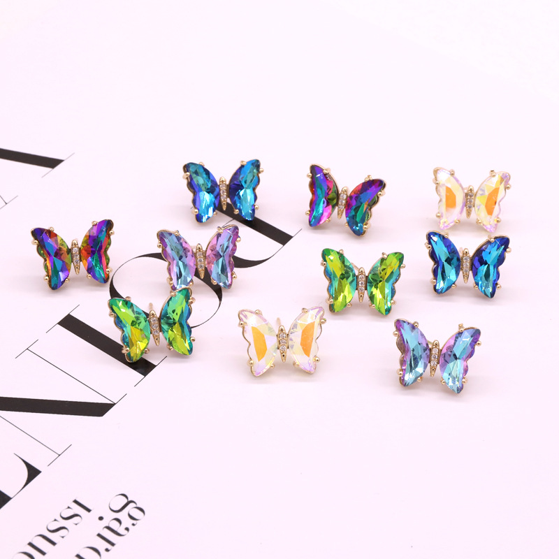 Mode Bunte Kristall Fee Schmetterling Kupfer Stud Ohrringe display picture 1