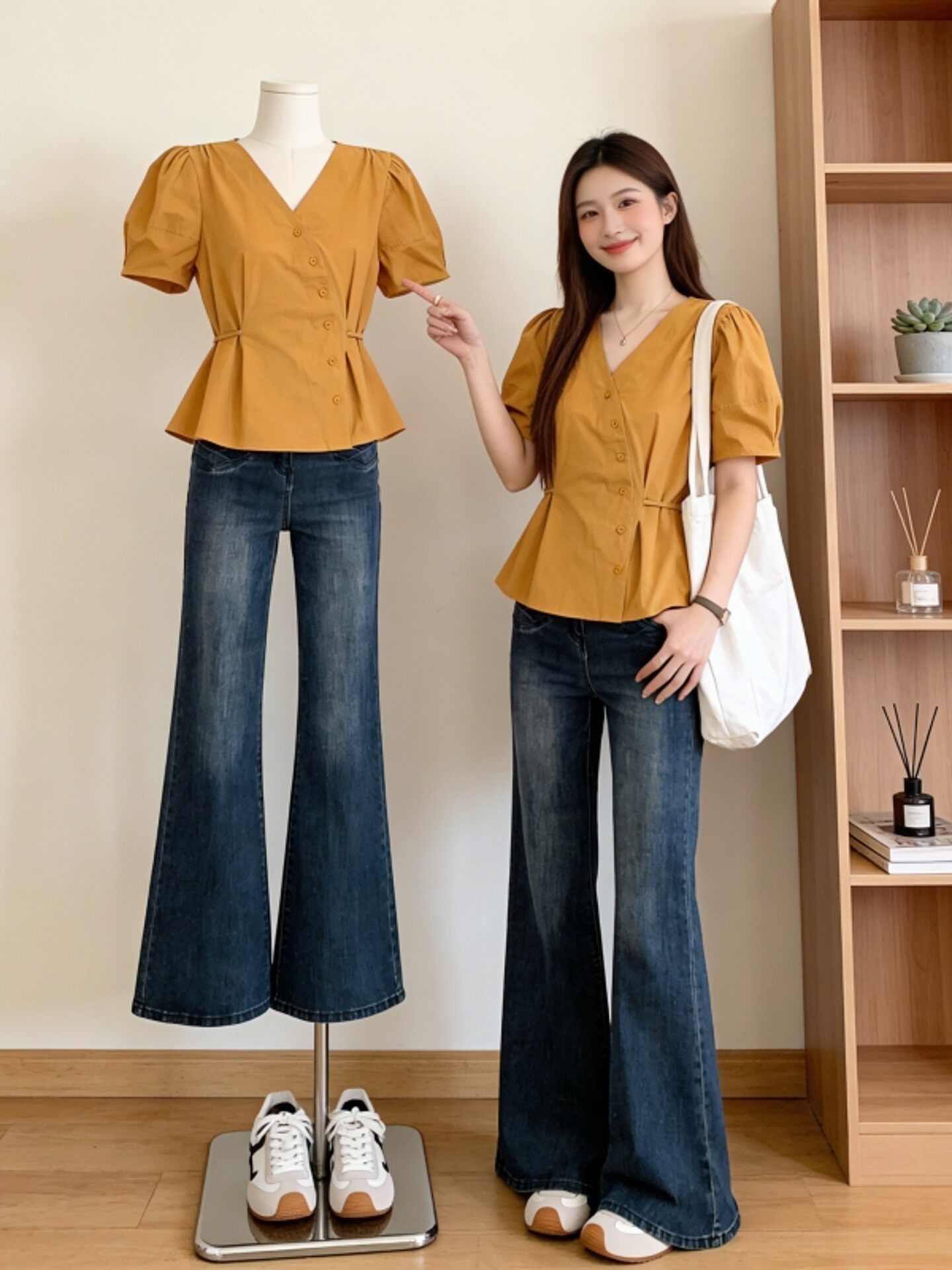 Áo sơ mi nữ cổ V tay ngắn phong cách Hàn Quốc, thiết kế eo ôm nhẹ — xanh lam