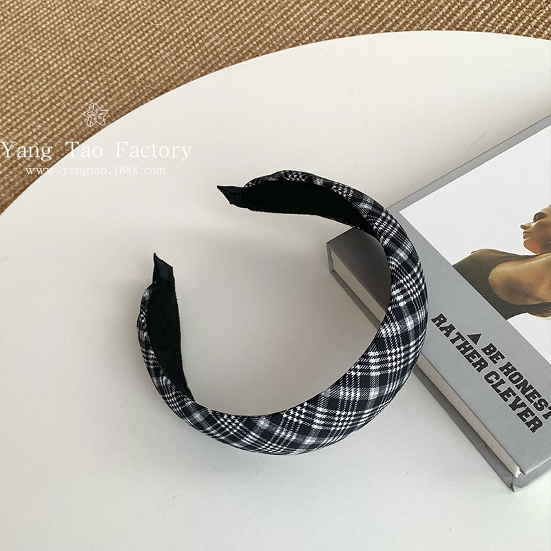 Diadema de tela a cuadros azul coreana, mujer fresca y versátil, diadema superior de cráneo alto blanco, horquilla de presión de temperamento fuera