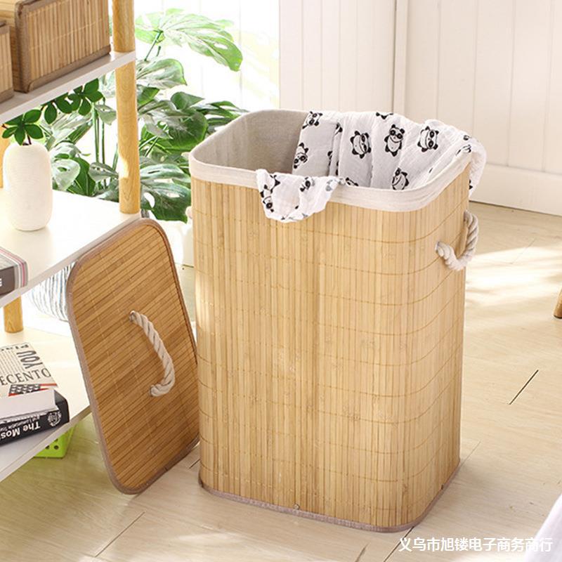 Nuevo tipo de cubo de almacenamiento plegable simple con cubierta gran cesta de almacenamiento bambú tejido japonés caja de almacenamiento plegable para ropa sucia