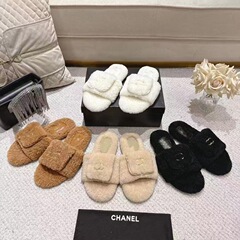 广州高品质~小香风羊毛羔坡跟拖鞋女25秋冬新款百搭一字厚底拖鞋