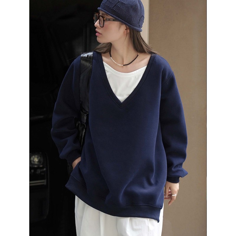 卢浮秋冬新款韩系慵懒松弛感V领假两件卫衣圆领宽松廓形上衣女|undefined