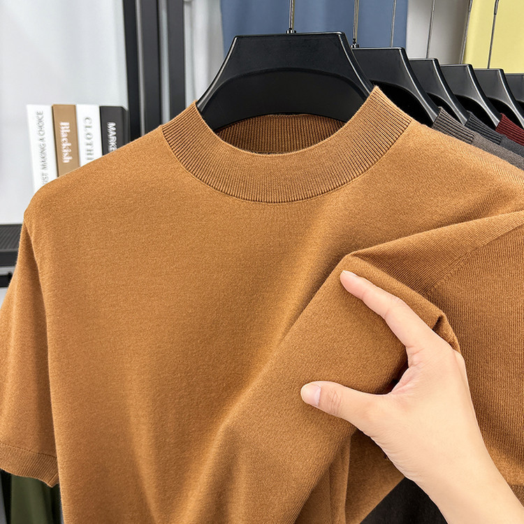 Men's Short-Sleeve Wool T-Shirt with Mulberry Silk, Half-High Collar, Thin Autumn Style, Solid Color Knit Top for Young Men