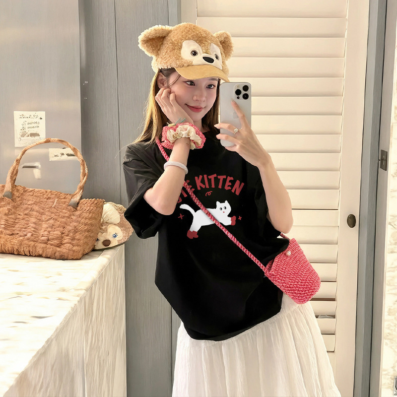 Korean Style Casual Printed Bottoming Short-sleeved T-shirt Women's 2025 Summer Trendy Brand Loose Ins Loose Loose Style Women's Short-sleeved Top