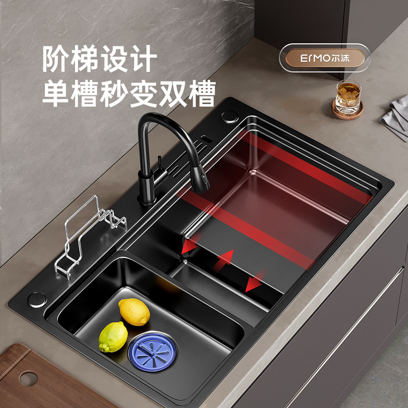 J7IB厨房纳米黑色手工阶梯式水槽套餐不锈钢洗菜盆大单槽嵌入式台