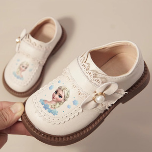 Girls Leather Shoes Elsa Princess Shoes 2024 New Little Girl Soft Sole Shoes Children's Shoes Fall/Winter fleece-lined Cotton