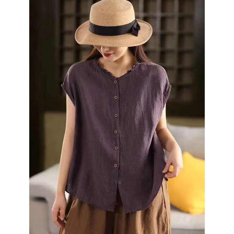 Heavy Craft Dyed 100% Linen Ruffle Collar Women's Summer Vintage Sleeveless Shirt Single-Breasted Cardigan Top