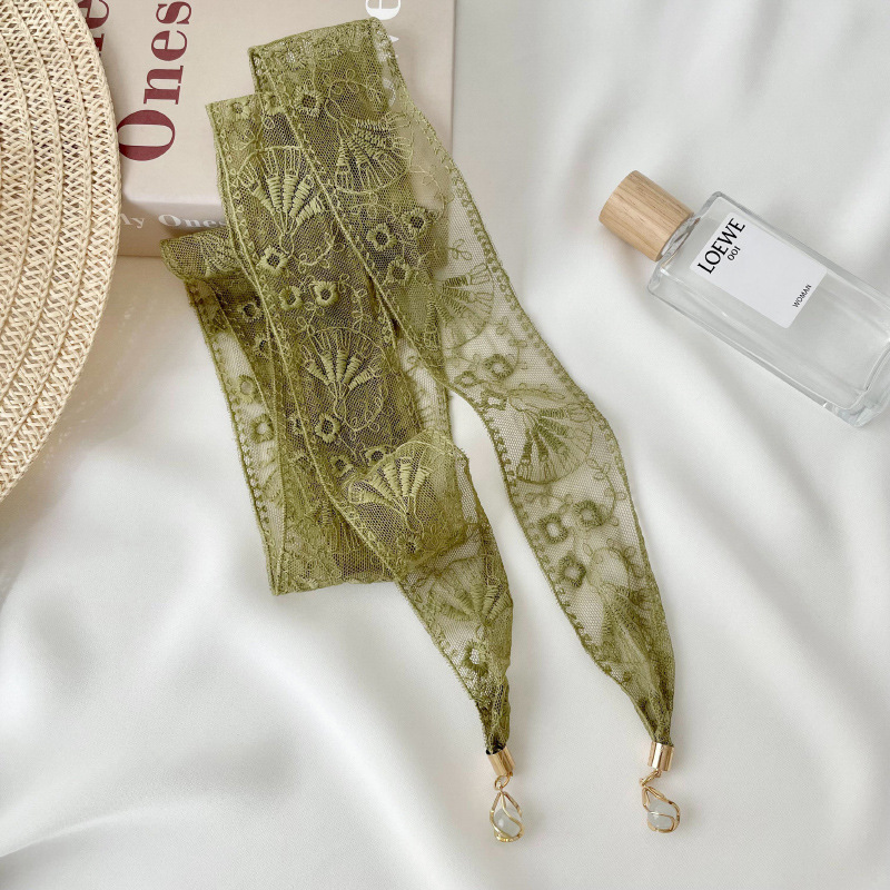 Pequeña correa de cabello personalizada nueva flor de encaje coreano decoración bufandas pequeñas bufandas delgadas colgante largo seda