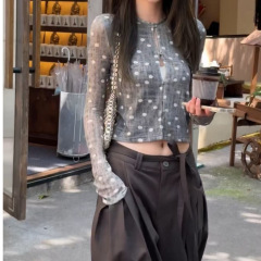早秋新款印花波点短款长袖针织开衫小众辣妹灰色其它开衫款