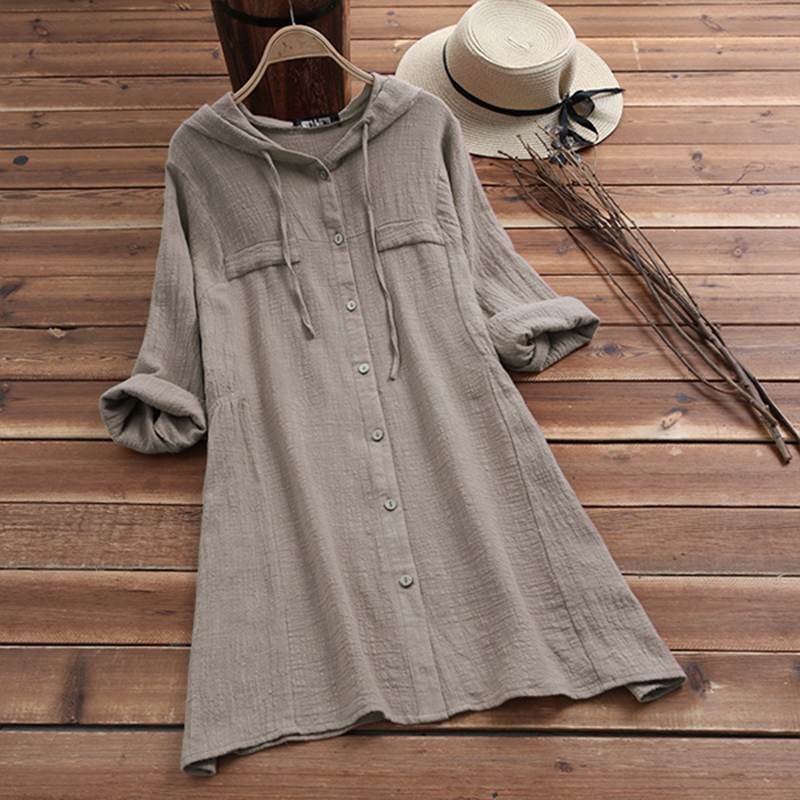 Chemise Female Button Asymmetrical Blusas Hooded Tunic