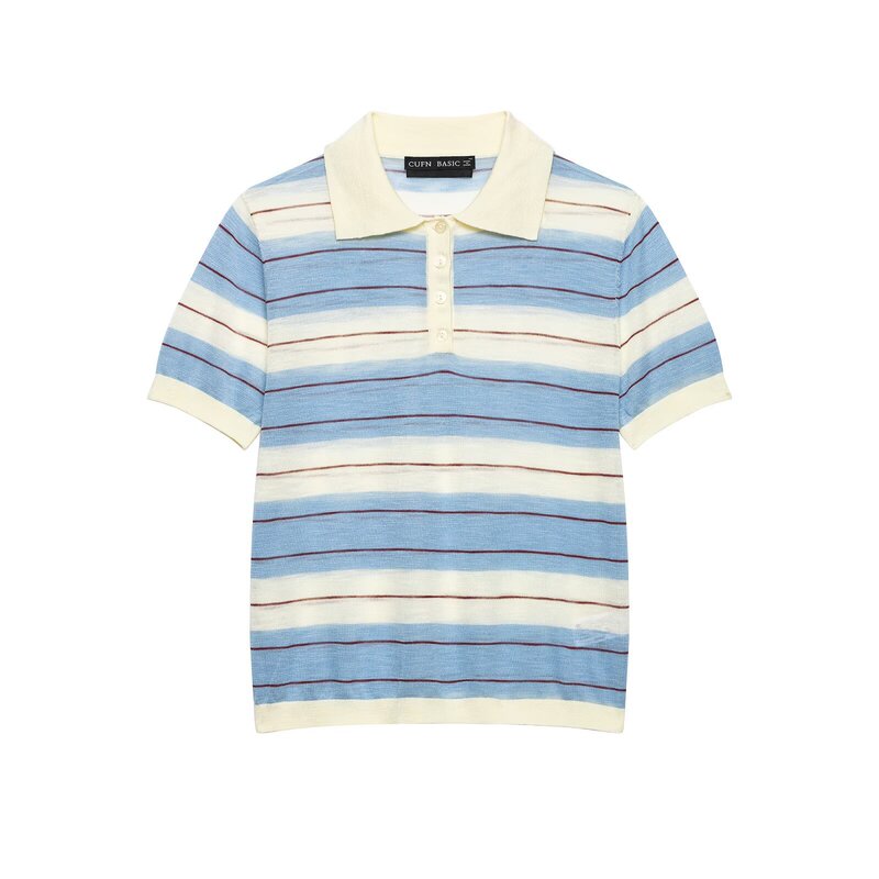 Myst&Za European and American Summer New Women's Clothing, Simple and Elegant Short-Sleeved Polo Shirt Collar Striped Knitwear 5755060