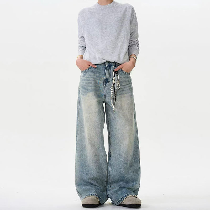 American Vintage cleanfit Washed Old Jeans Men's and Women's Loose Slimming Casual Wide Leg Straight Trendy Pants