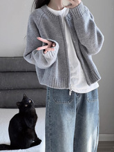 灰色短款毛衣外套女装秋冬2025新款宽松加厚拉链开衫长袖针织上衣