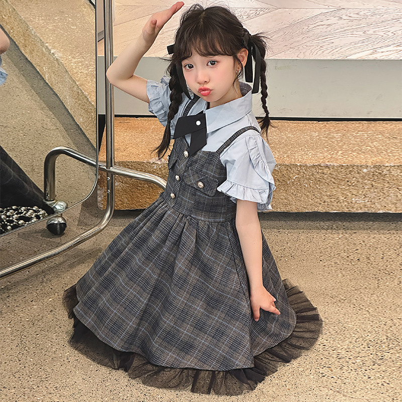 中大童夏季女童2024韩版学院院风公主风短袖吊带裙领带三件套套装