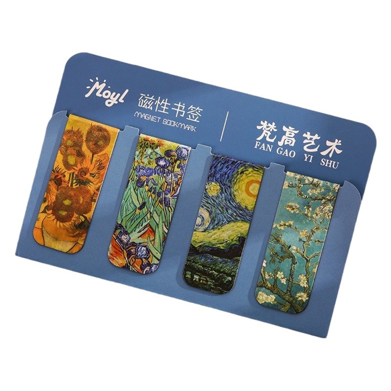 4 piezas de marcapáginas magnéticos de pintura al óleo de Van Gogh Mucha Monet Ukiyo-e pinturas famosas clips para libros de estudiantes pequeños imanes frescos para refrigerador