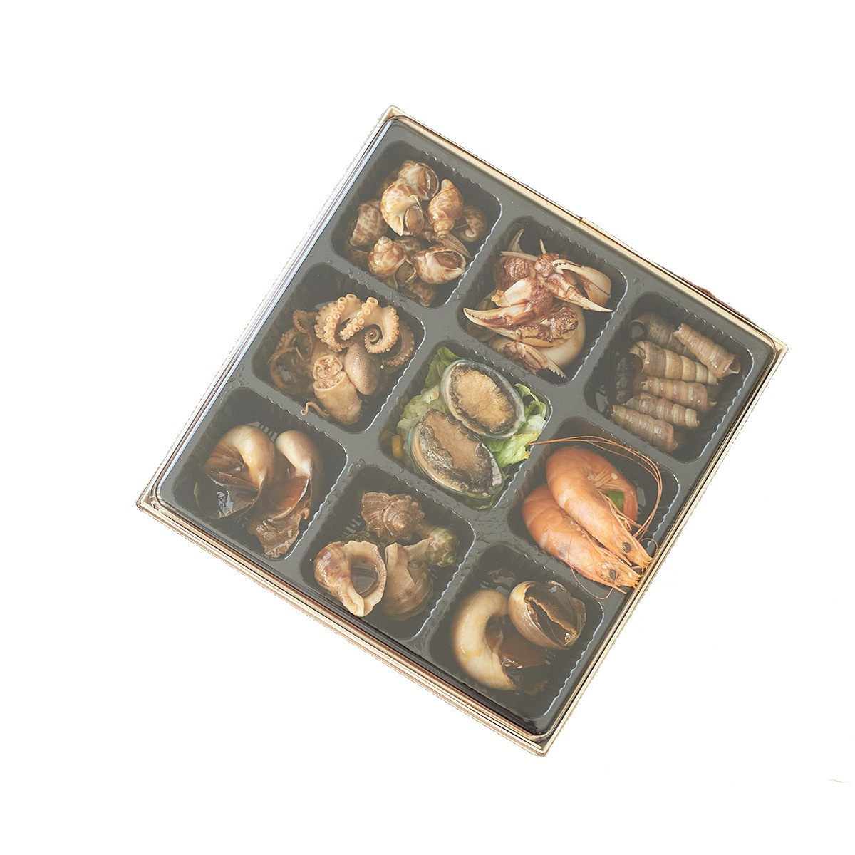 Caja de madera desechable para llevar, caja de embalaje de productos de marisco, caja de embalaje de alimentos cocinados, caja de embalaje separada de sabor marinado, caja de embalaje de nueve gentes