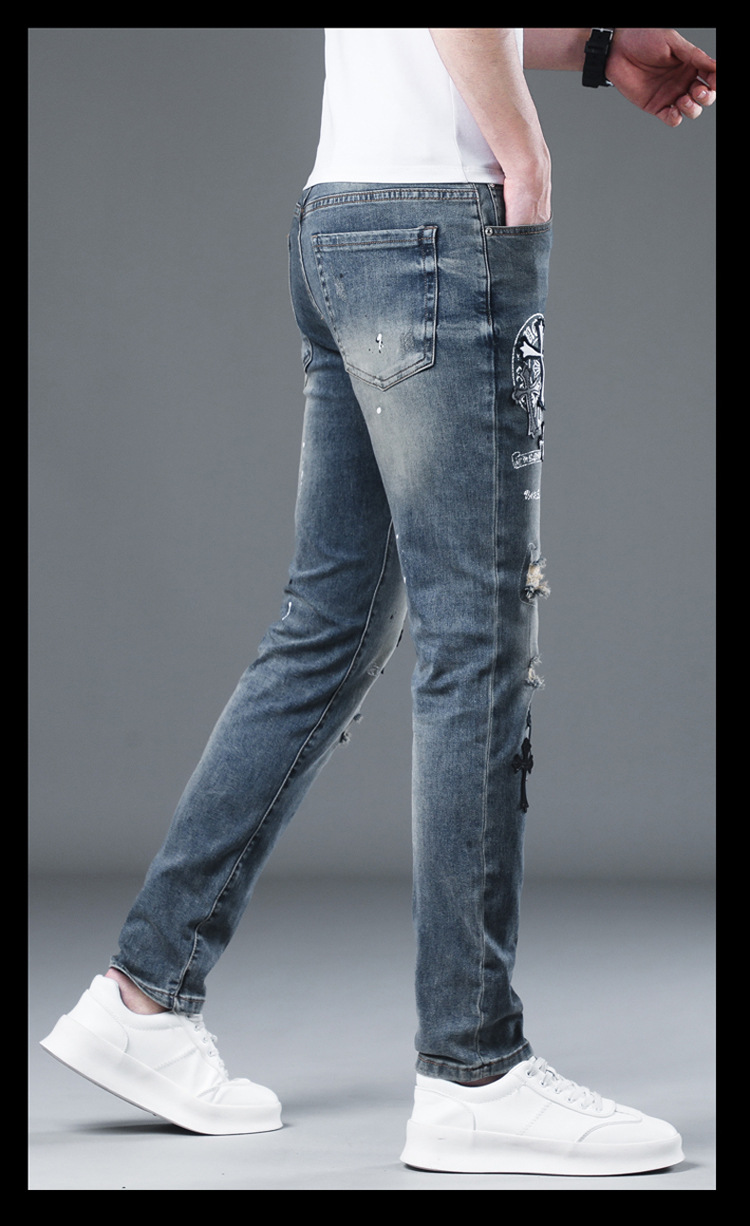 Men's Embroidered Jeans Slim Fit Torn Patches Versatile Trousers_voghion.com
