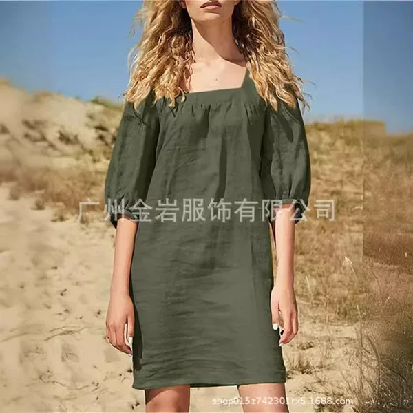 2023 summer a large number of spot European and American new French square collar cotton and linen dress half sleeve bubble sleeve casual wide