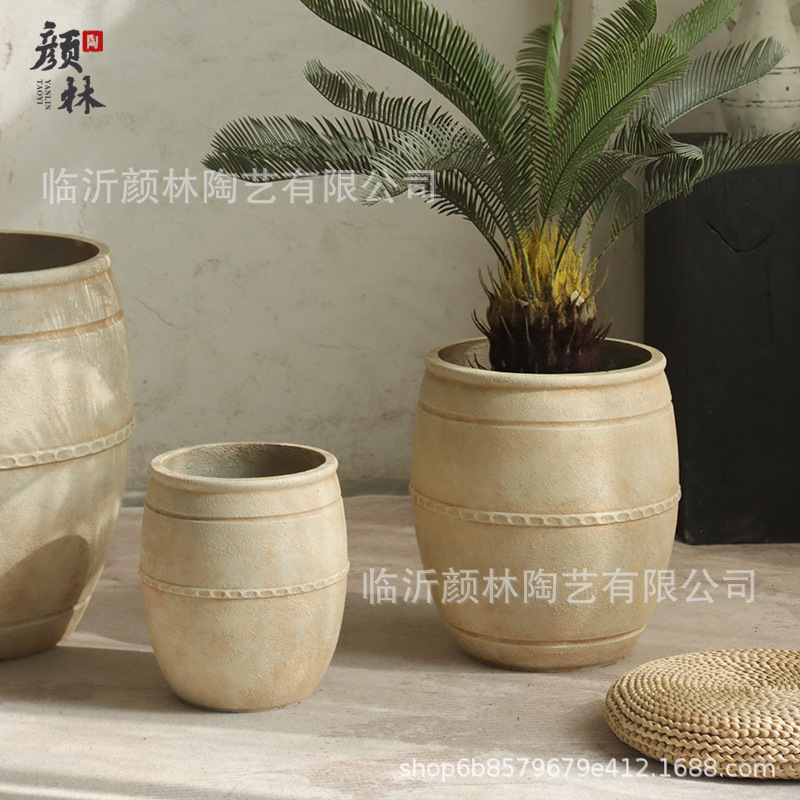 Gran calibre en forma de barril de alto tipo de aterrizaje gran maceta de flores de cemento de viento silencioso hotel centro comercial gran maceta de decoración de plantas verdes