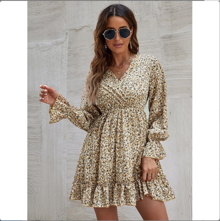 V-Neck Long-Sleeved Lotus Leaf Floral Dress NSGXY98578