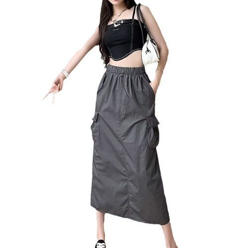 Women's Loose Fit American Workwear Skirt with Elastic Waist, Drawstring, Casual, Versatile A-line Medium-length Skirt with Slits