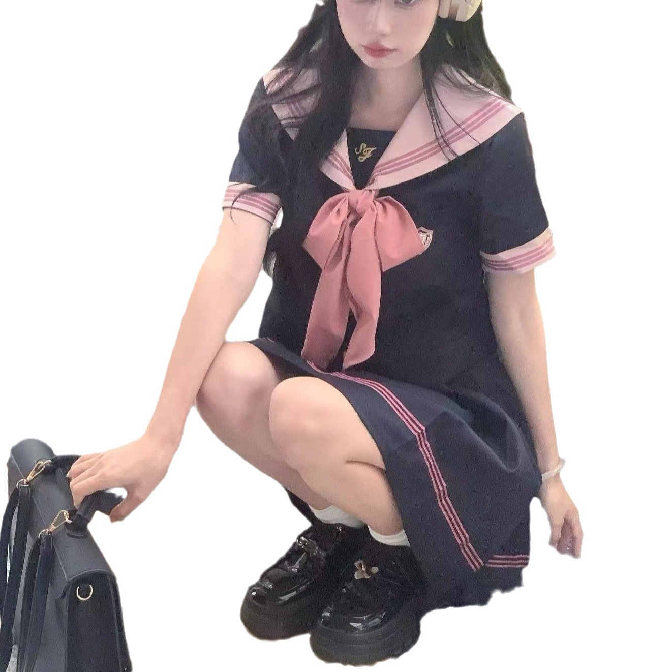 일본 대학 스타일 JK 유니폼 세트 여자 여름 새 해군 칼라 반팔 셔츠 탑 주름 치마 투피스 세트