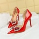 638-H17 Banquet High Heel Style Shallow Notched Pointed High Heel Lacquer Leather Side Hollow Rhinestone Bow Tie Single Shoe