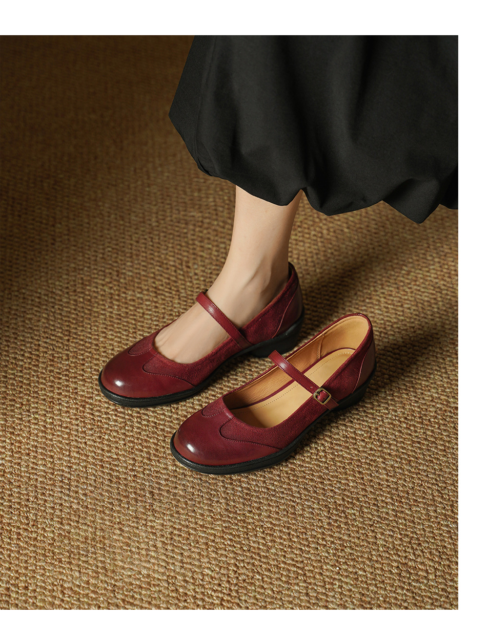 Giày Mary Jane nữ da bò mũi tròn đế mềm gót trung vintage phong cách JK Anh — đen chi tiết 4