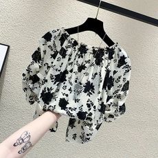 雪纺短袖碎花一字领雪纺衫女2023年夏季韩版遮肚子小衫露肩上衣潮