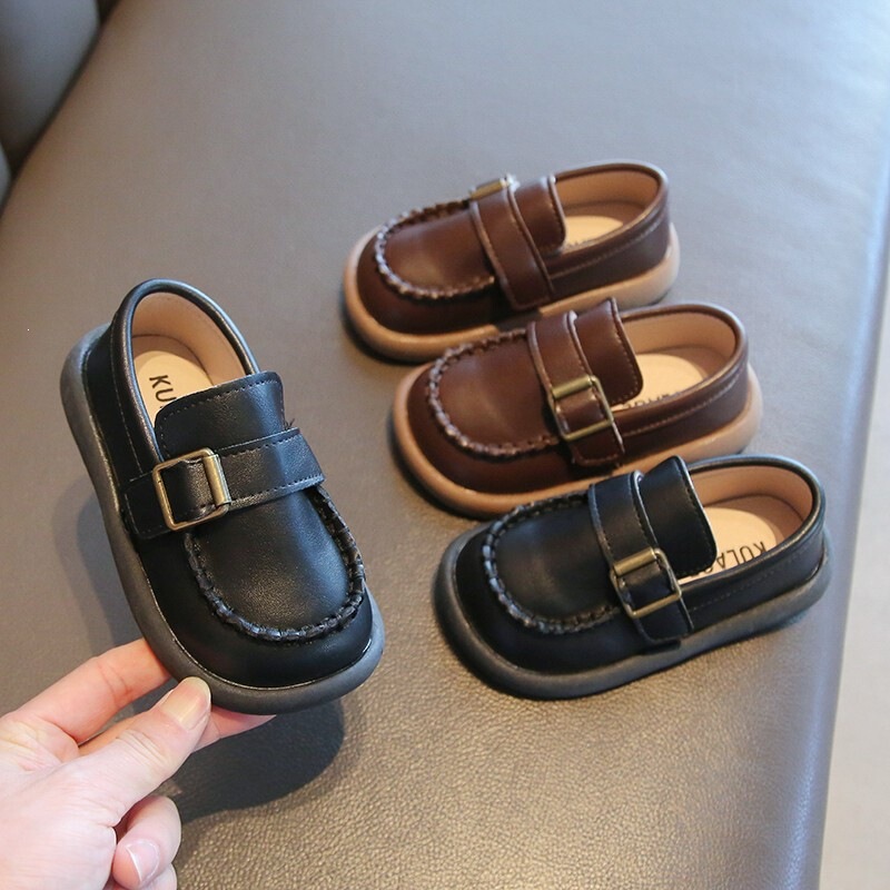 Boys' Shoes 2025 Spring New Style Toddler Boys' Black Leather Shoes with Soft Soles for Young Children Boys and Girls Baby Walking Shoes