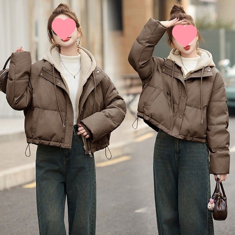 Fake Two-Piece Hooded down Jacket Women's Short Waterproof Cotton Coat Korean Style Loose Casual Small Jacket