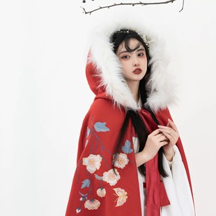 Производитель дизайн lisci lisci Hanfu плащ плюс плюшевый воротник с шапкой вышивка плащ плюшевый плащ женский зимний