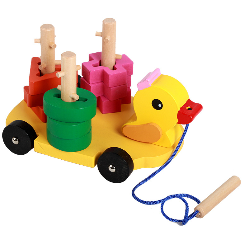 形狀配對兒童寶寶益智實木質拖拉小黃鴨形狀認知套柱木制玩具批發