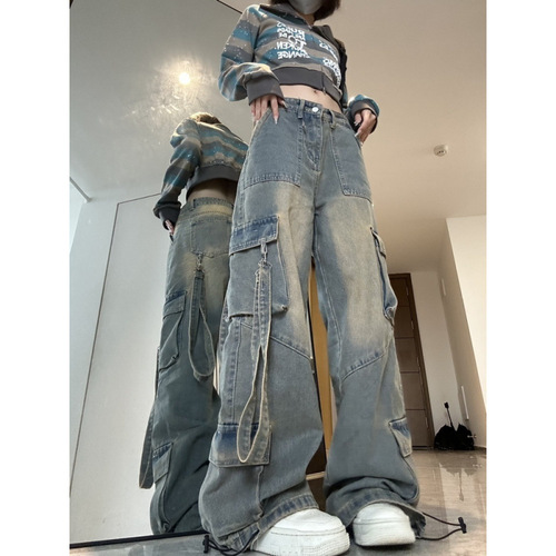 American street style oversized jeans for men and women, high-end street design with pocket detail, high-waisted, loose, falling sensation, floor-length, trendy