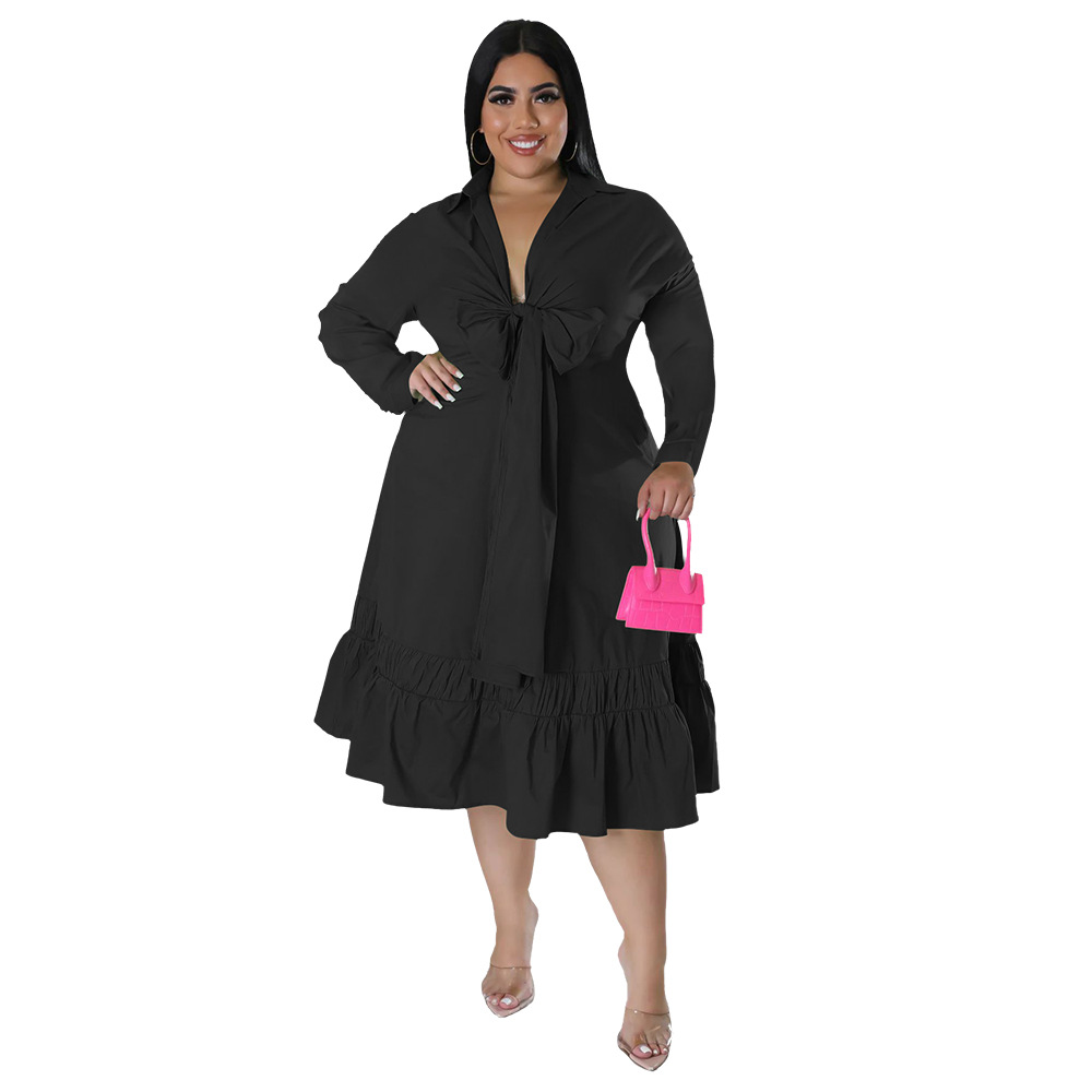 ChicShe N7679 2022 Solid Color Tie Bow Shirt Sleeve Loose Casual Ruffle Plus Size Dress_voghion.com