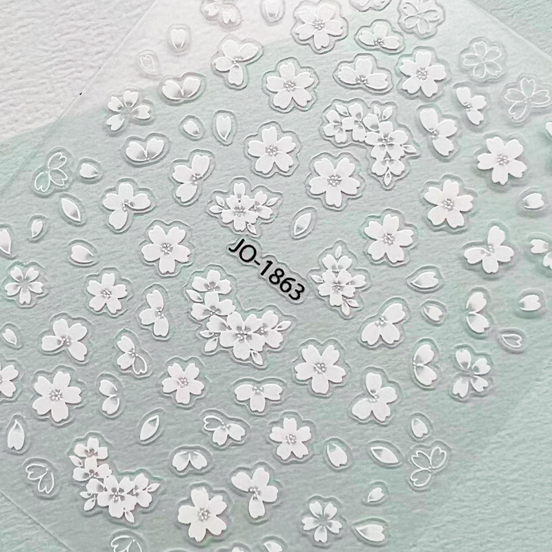 Nail Art Nail Decal Embossed Semi-Transparent Flower Sticker White Stereo Cherry Blossom Five-Petal Flower Four-Leaf Clover Nail Art Sticker
