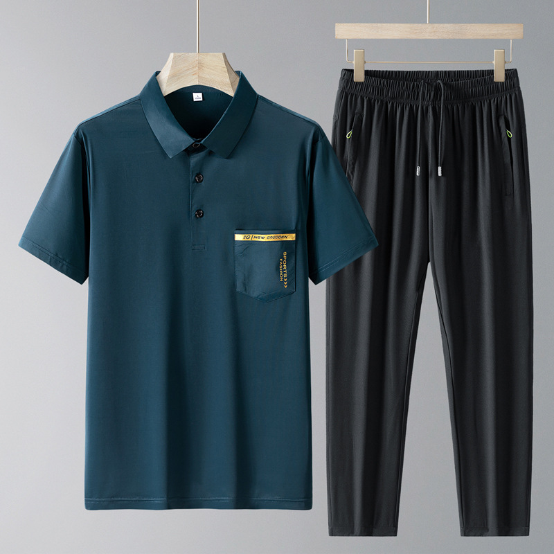 Traje de seda de hielo de verano, polo para hombre, traje casual de manga corta de solapa delgada de dos piezas, pantalones sueltos de secado rápido para hombre