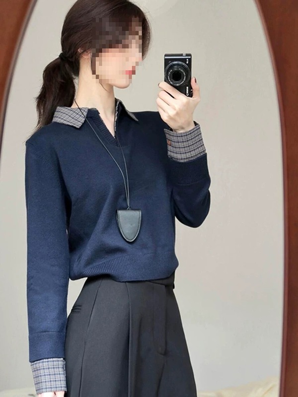 藏蓝色翻领拼接假两件修身针织打底衫春装女款年新款韩系上衣|undefined