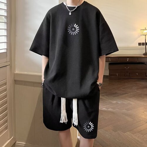 Men's Summer Simple Set Trend Brand Youth Honeycomb Short Sleeve T-Shirt and Five-Finger Shorts Casual Sports Set Foreign Trade