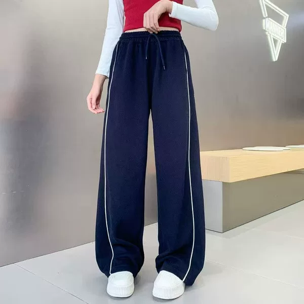 Children's Clothing Girls' American-Style High Street Striped Black Sweatpants Spring and Autumn Loose Straight-Leg Sweatpants for Older Children Wide-Leg Pants